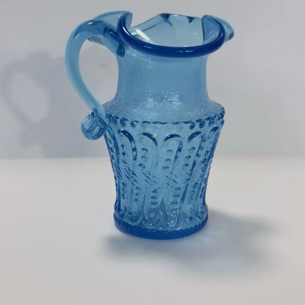 Pitcher Jug Kanawha Ice Colonial Blue Glass Mini UV Raised Loop Swirl Dots Wavy